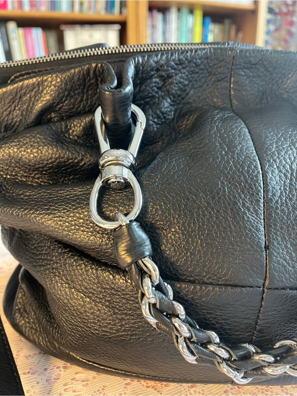 Black Slouchy Shoulder Bag with Chain Detail - Picture 2 of 14